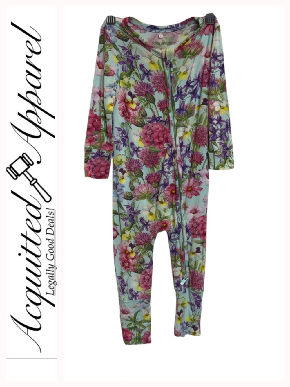 Posh Peanut Floral Zip-Front Onesie in Mint with Pink Blooms